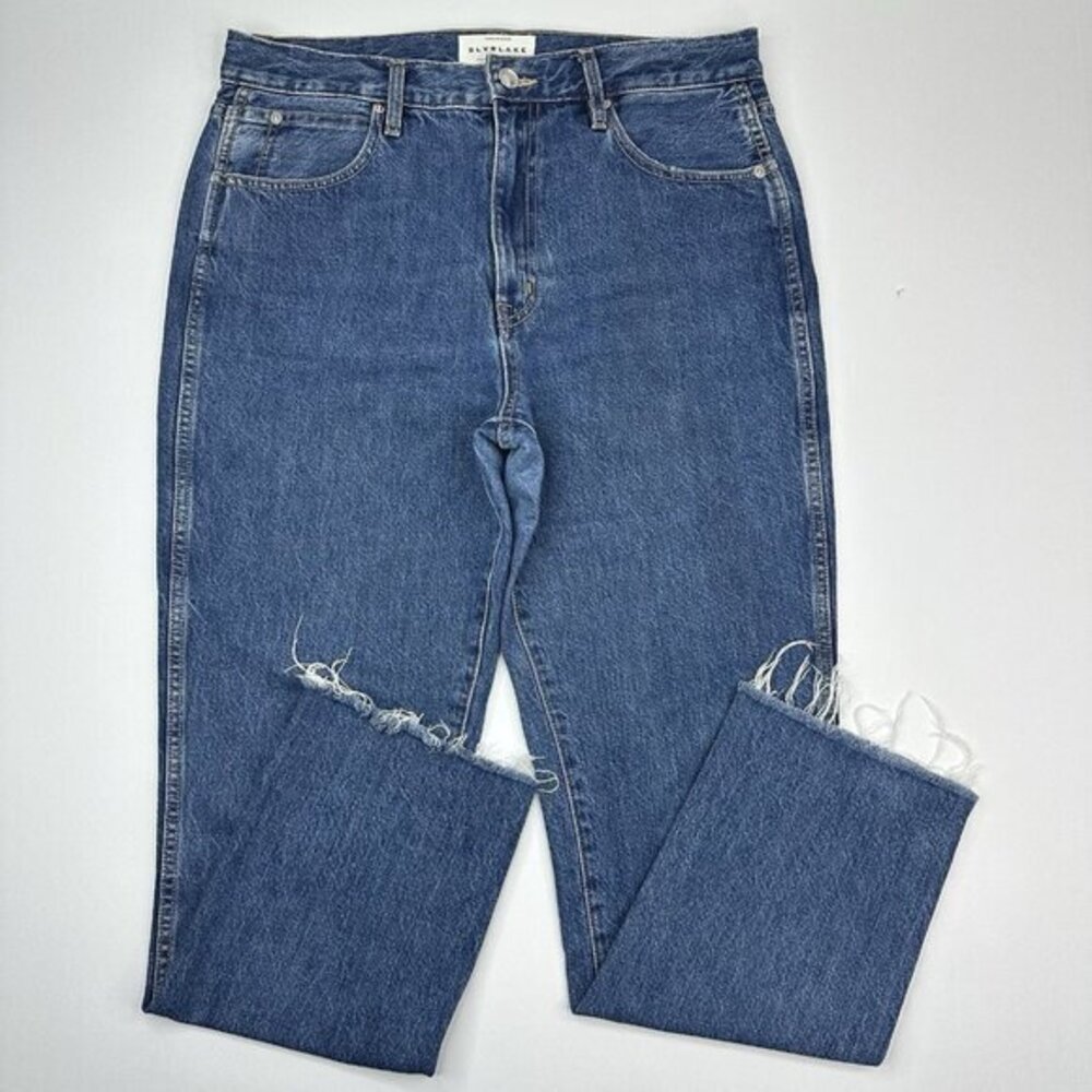 SLVRLAKE Hero High Rise Straight Leg Jeans Stones Throw‎ Blue Raw Hem Size 31-33
